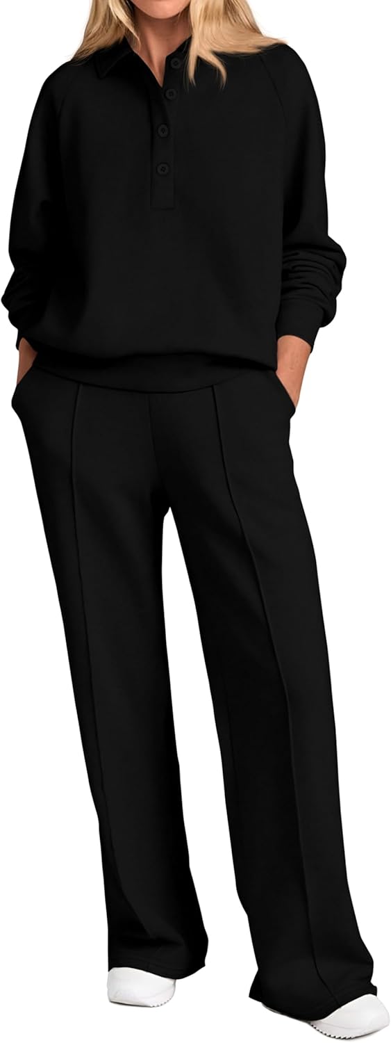 Women Fall 2 Piece Outfits Sweatsuits Quarter Button Long Sleeve Sweatshirt Wide Leg Pants Tracksuit Lounge Sets