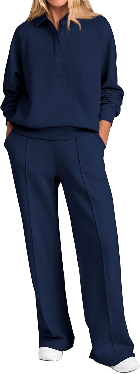 Women Fall 2 Piece Outfits Sweatsuits Quarter Button Long Sleeve Sweatshirt Wide Leg Pants Tracksuit Lounge Sets