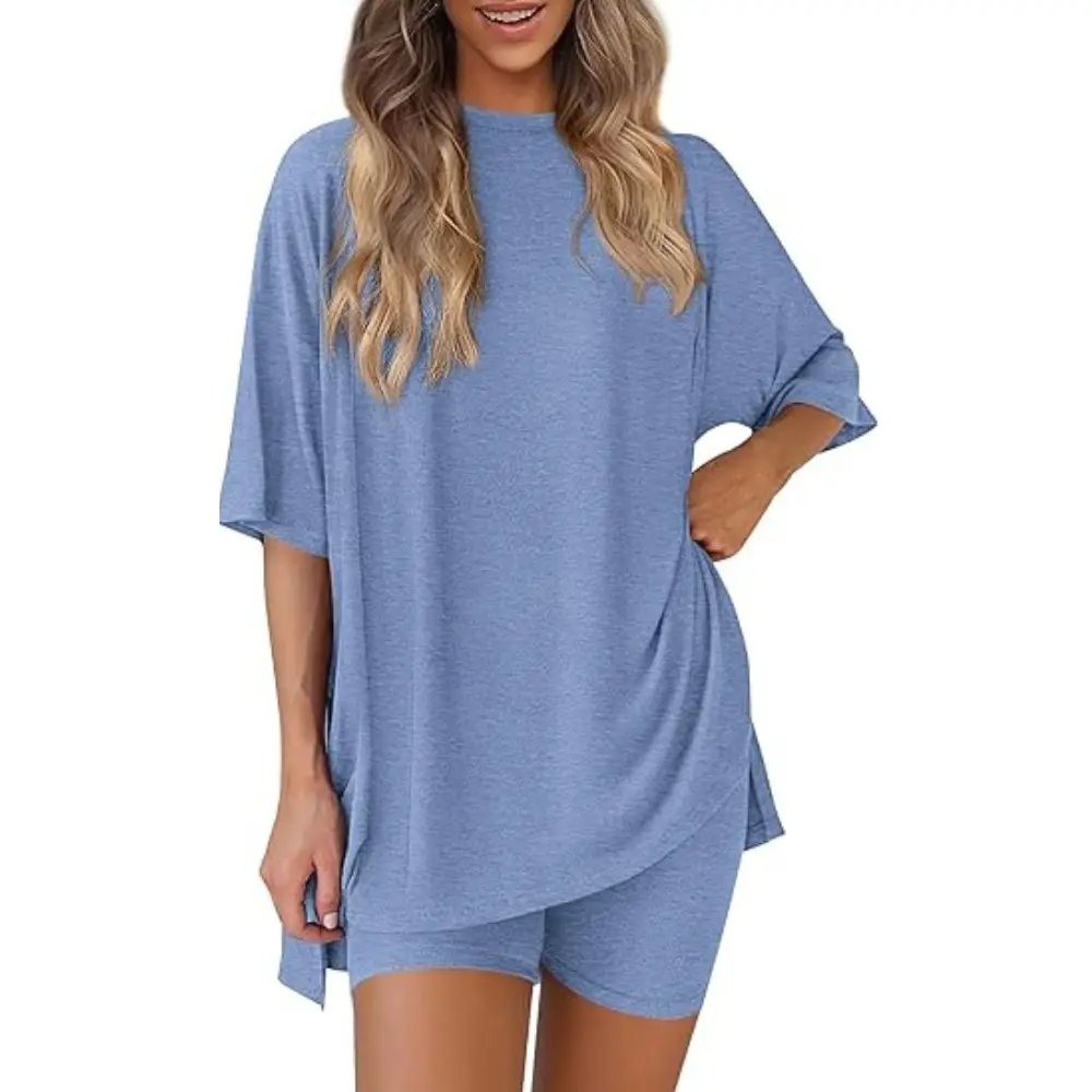 PRETTYGARDEN Women 2 Piece Lounge Set Summer Casual Oversized Shirts Biker Shorts Matching Airport Travel Outfit Clothes