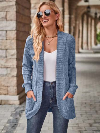 CLEARANCE🔥Ribbed Open Front Long Cardigan with Pockets