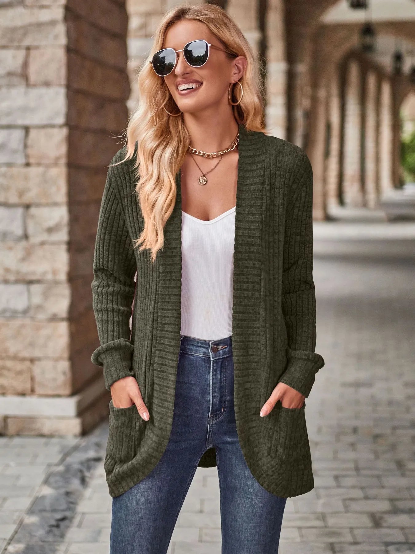 CLEARANCE🔥Ribbed Open Front Long Cardigan with Pockets