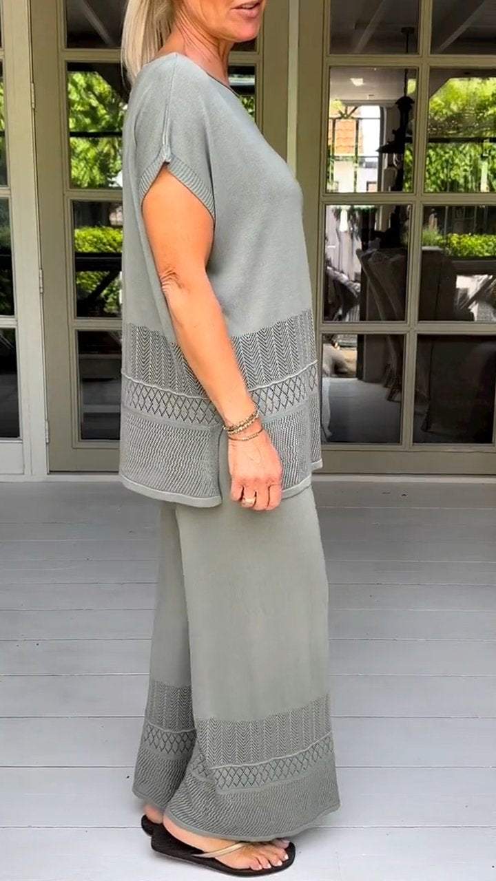 Women's round neck short sleeve hollow design two-piece suit