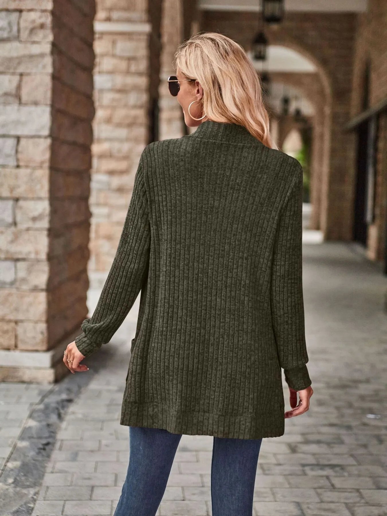 CLEARANCE🔥Ribbed Open Front Long Cardigan with Pockets