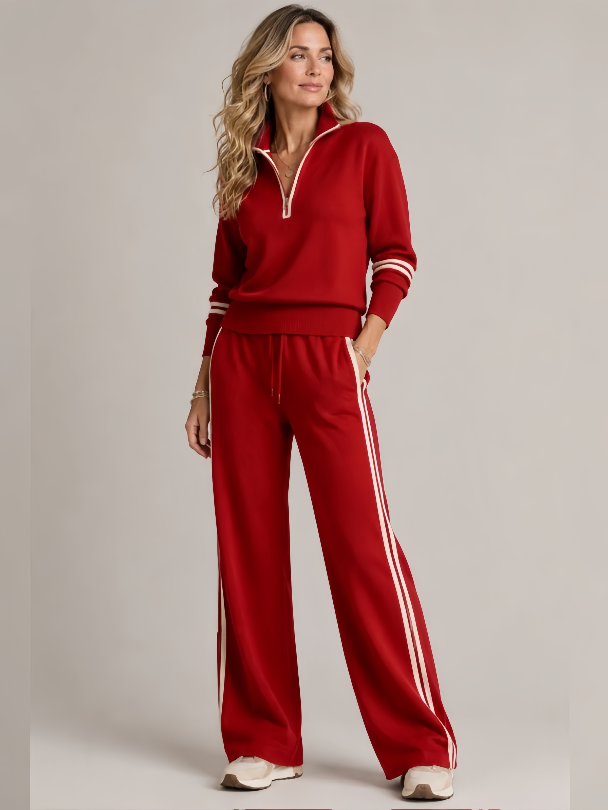 Women's Half Zip Lounge Set – Relaxed Two-Piece Wide Leg Tracksuit