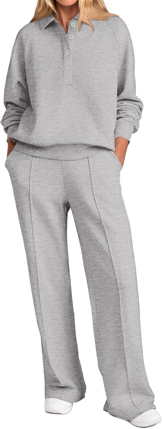 Women Fall 2 Piece Outfits Sweatsuits Quarter Button Long Sleeve Sweatshirt Wide Leg Pants Tracksuit Lounge Sets