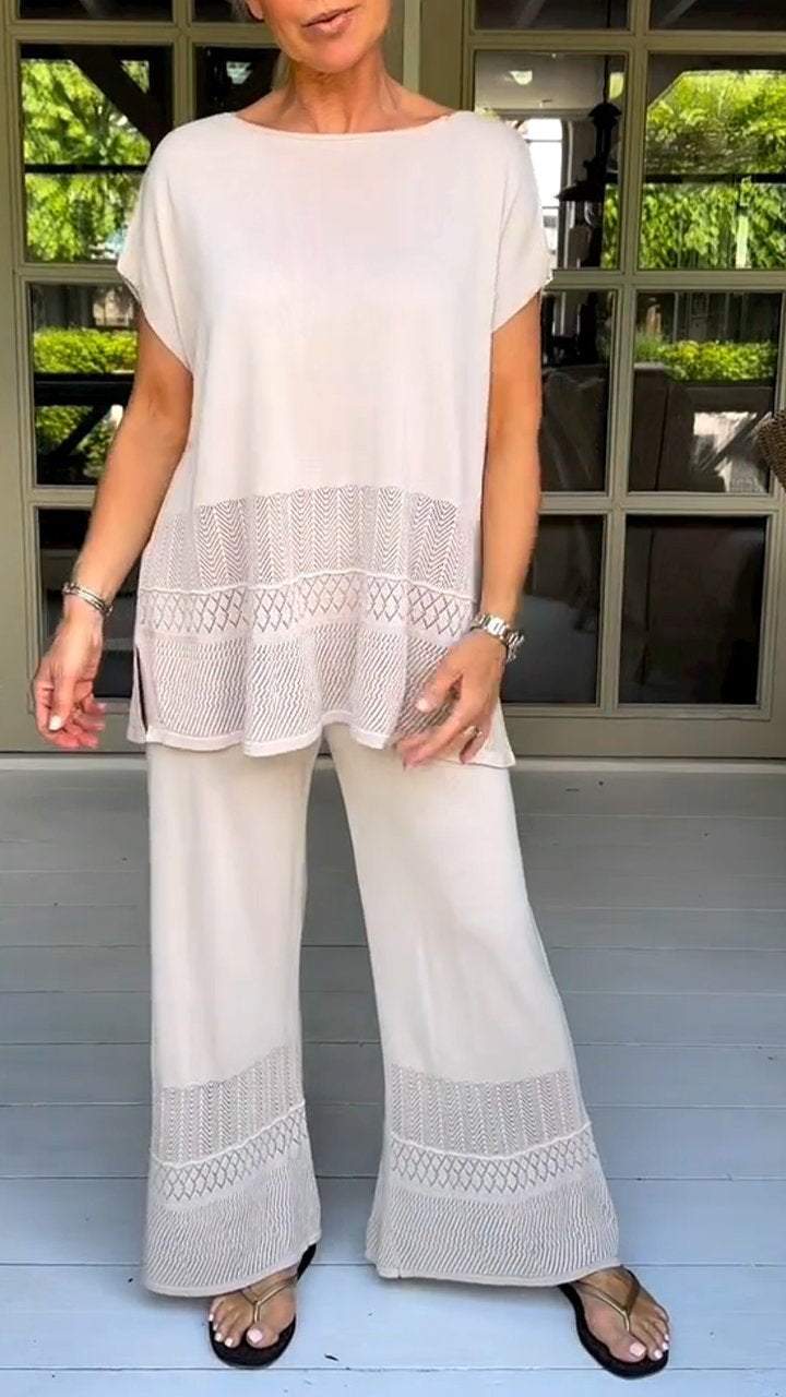 Women's round neck short sleeve hollow design two-piece suit