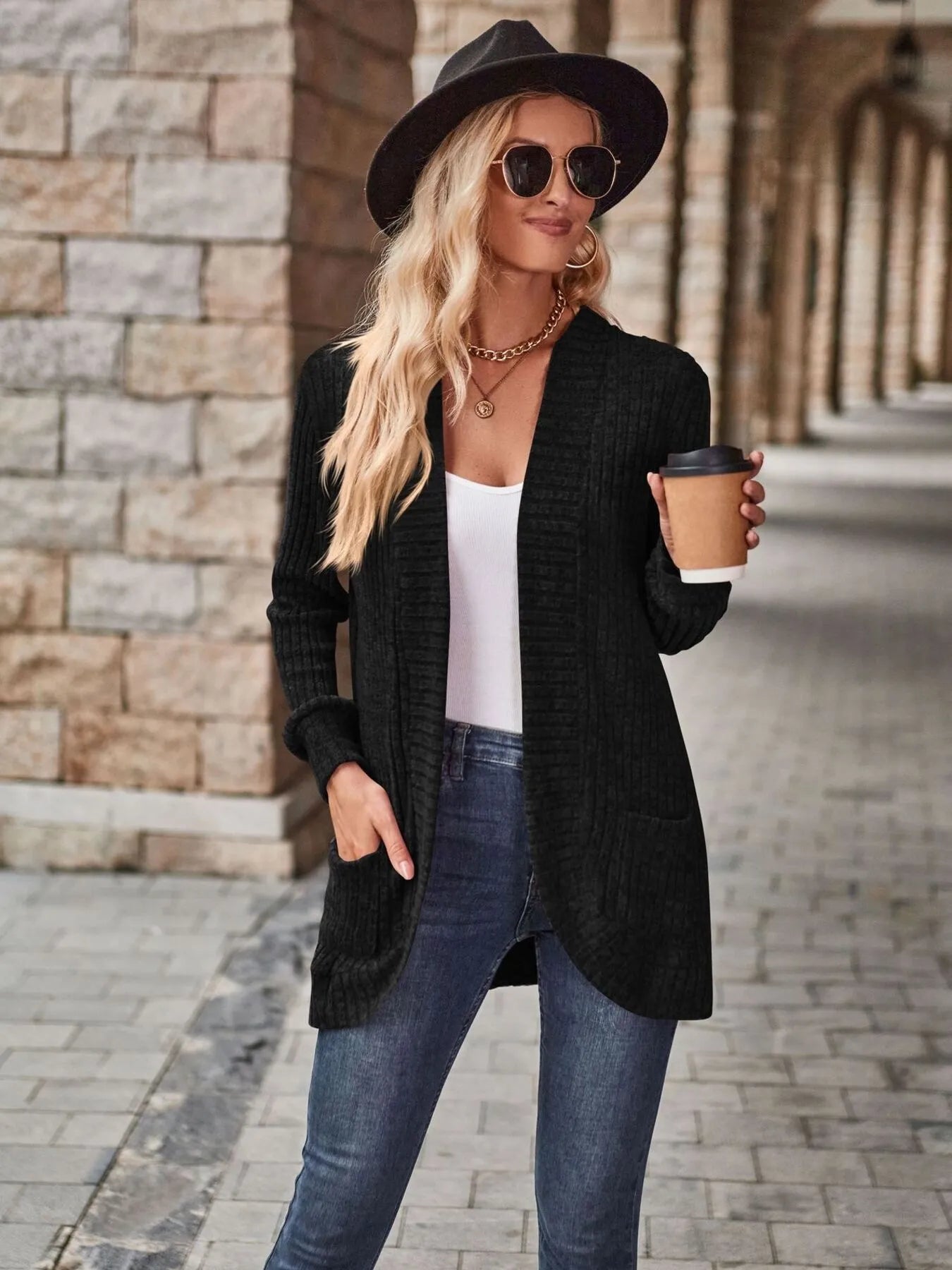 CLEARANCE🔥Ribbed Open Front Long Cardigan with Pockets