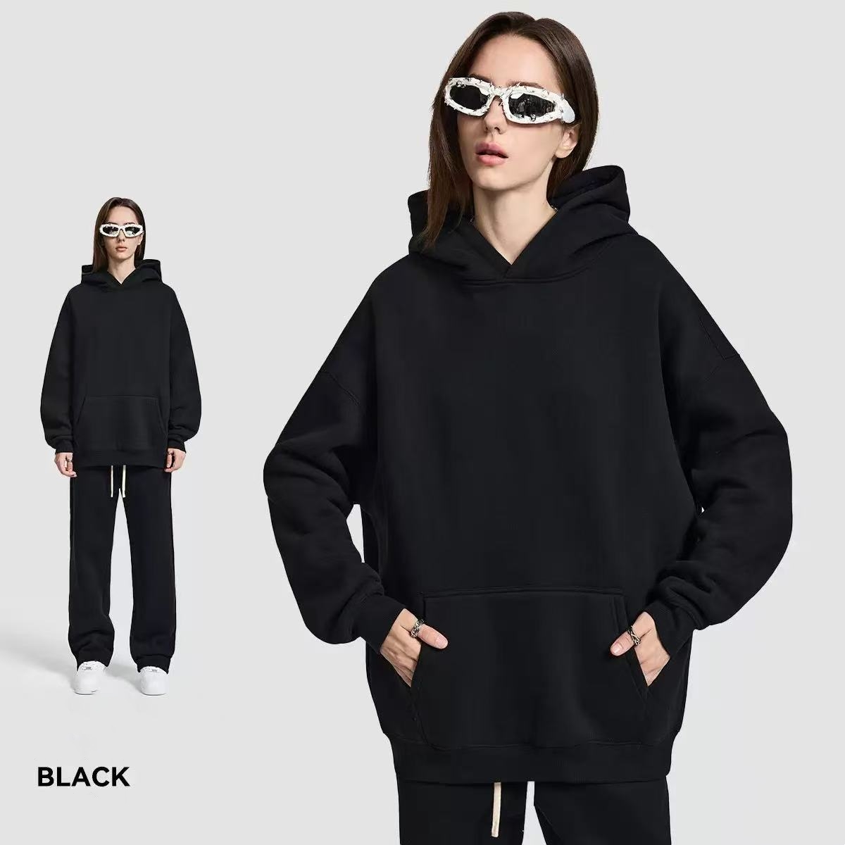 [Copy]NEW 🔥 Women's Cotton Two-Piece Oversized Drawstring Sweatshirt Wide Leg Sweatpants Casual Set