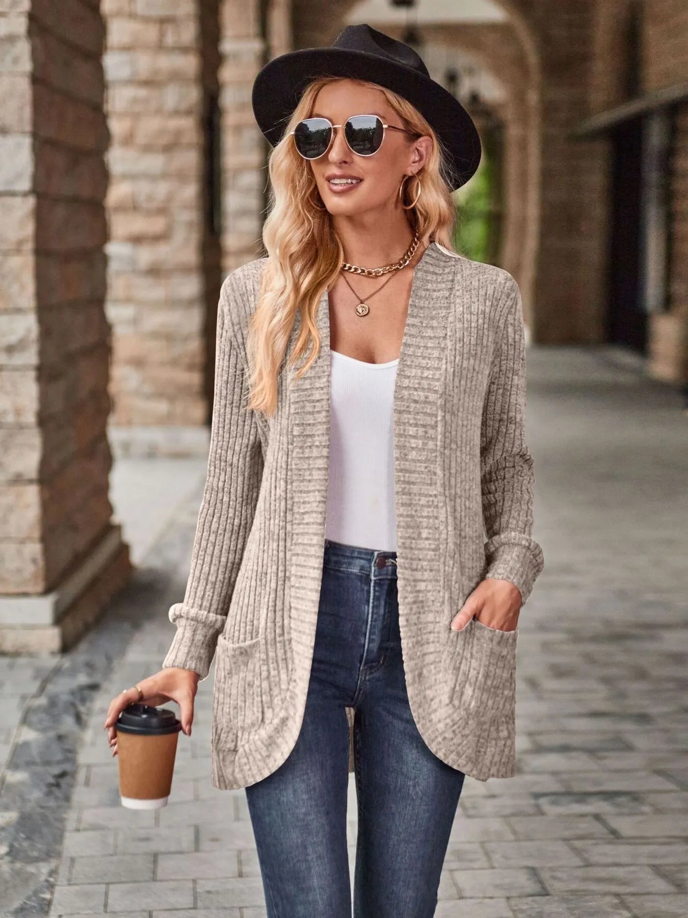 CLEARANCE🔥Ribbed Open Front Long Cardigan with Pockets