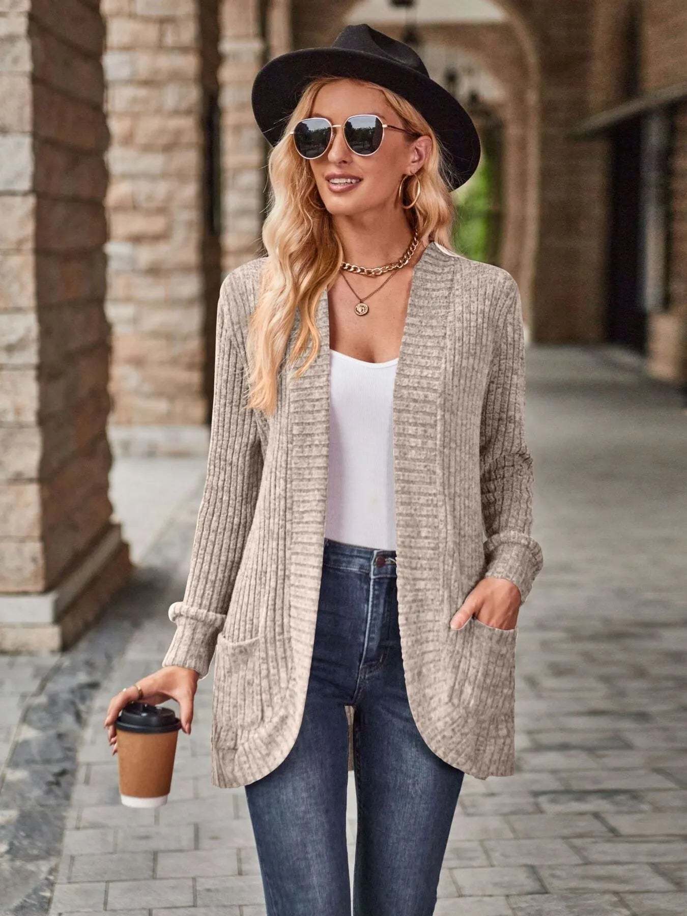 CLEARANCE🔥Ribbed Open Front Long Cardigan with Pockets
