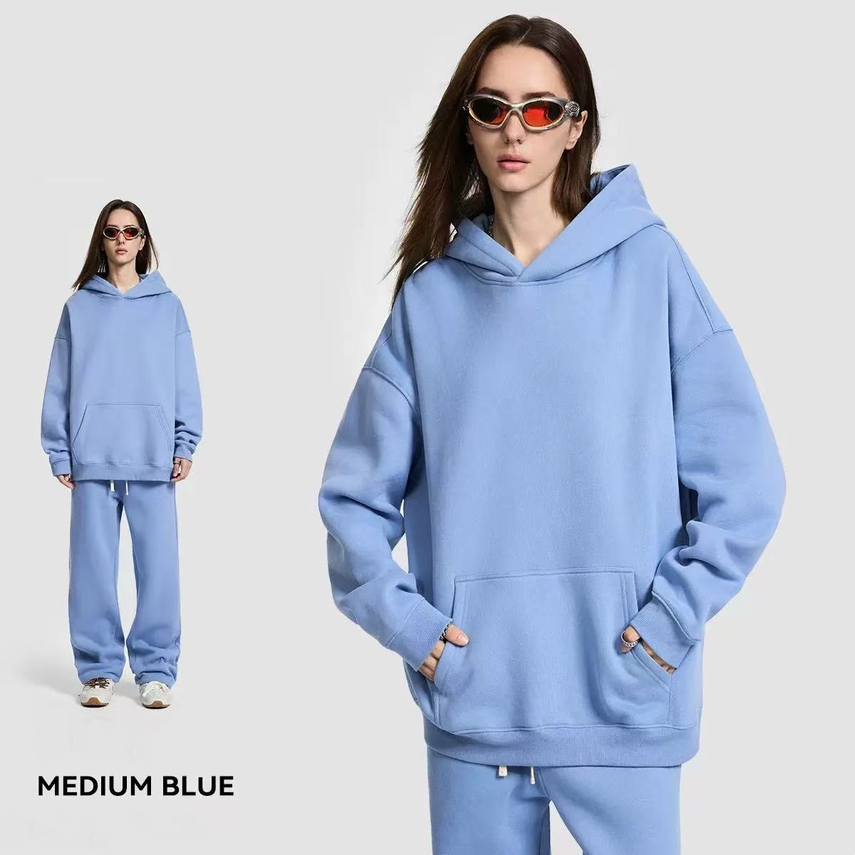 [Copy]NEW 🔥 Women's Cotton Two-Piece Oversized Drawstring Sweatshirt Wide Leg Sweatpants Casual Set