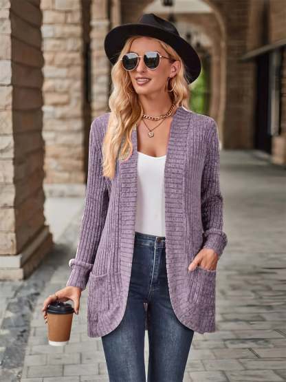CLEARANCE🔥Ribbed Open Front Long Cardigan with Pockets