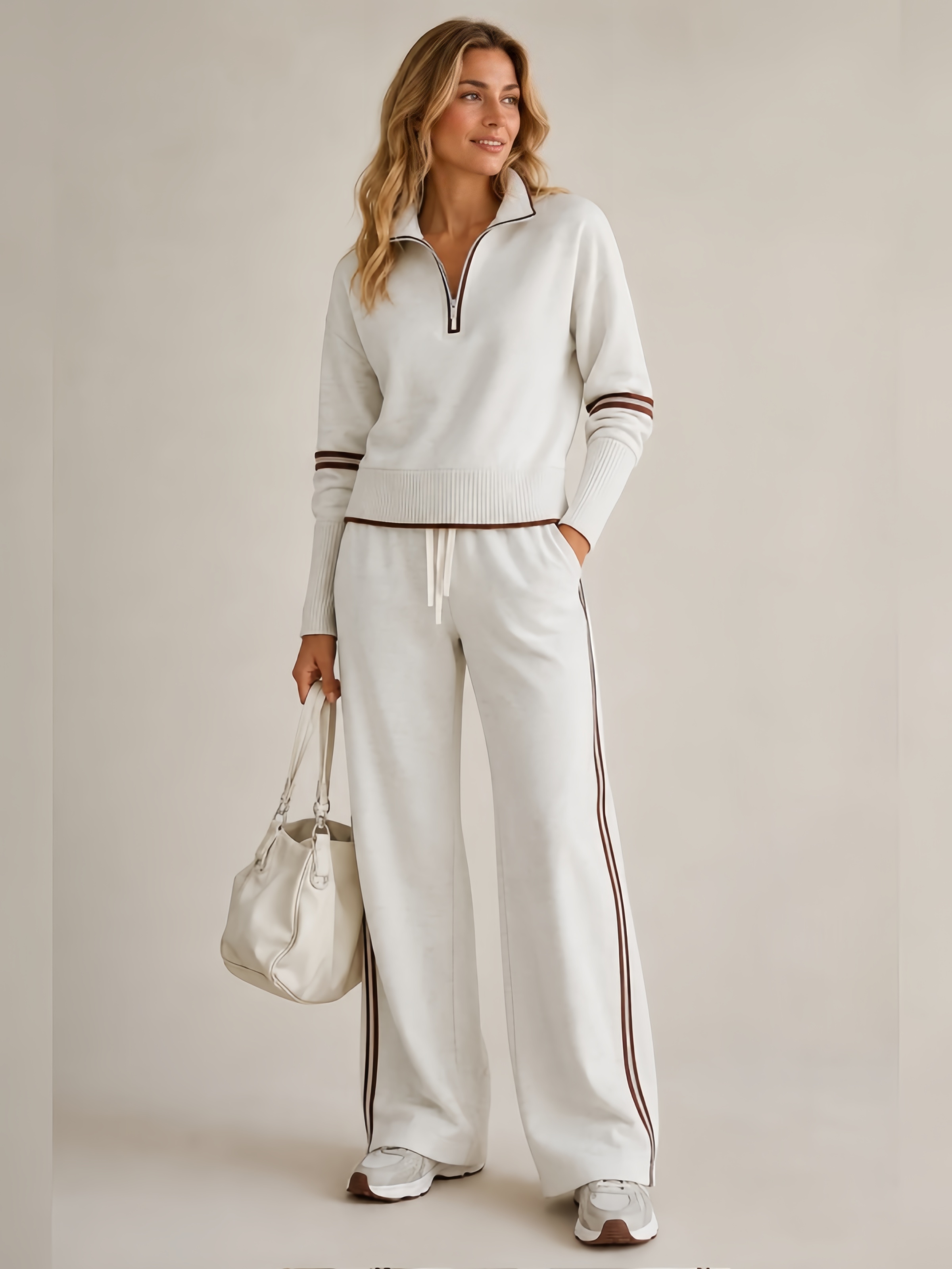 Women's Half Zip Lounge Set – Relaxed Two-Piece Wide Leg Tracksuit