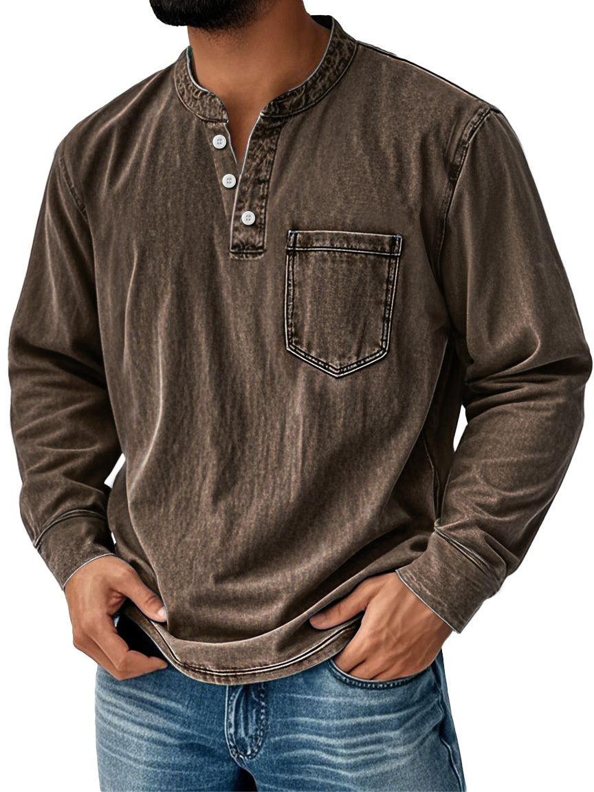 💫Clearance Sale🔥10-PACK FOR $31.99🔥Men's Retro Stand Collar Pocket Casual Distressed Long Sleeve Henley Shirt