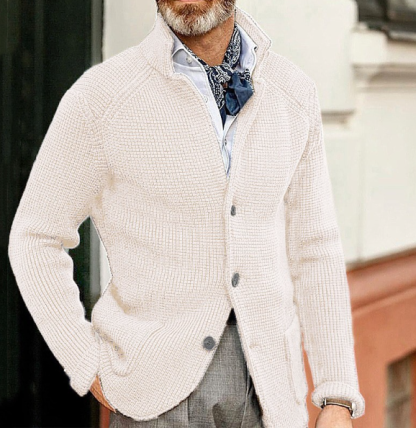 Stand Collar Knitted Coat Long Sleeve  Solid Color Thick Warm Casual Men's Outerwear