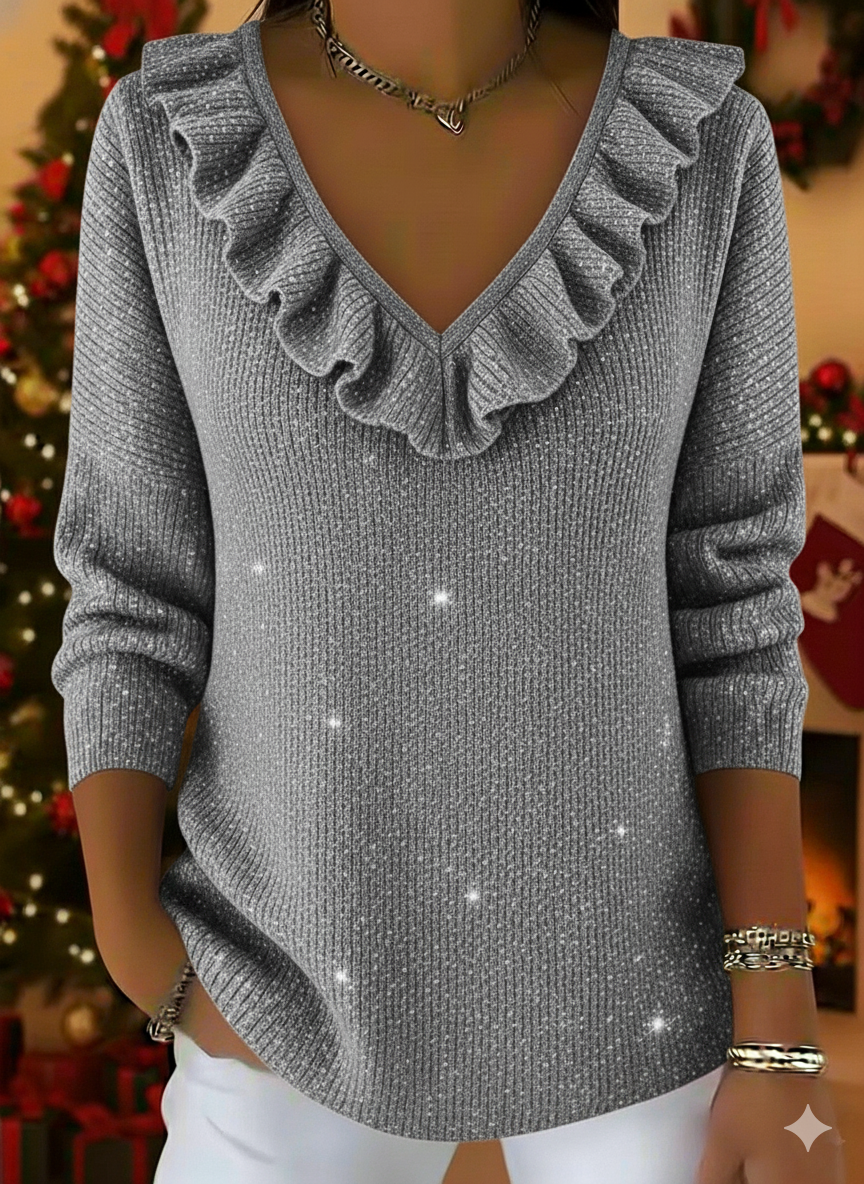 ⏰ LAST DAY 💥Women's Christmas Elegant V-neck Ruffled Sparkling Sweater Top