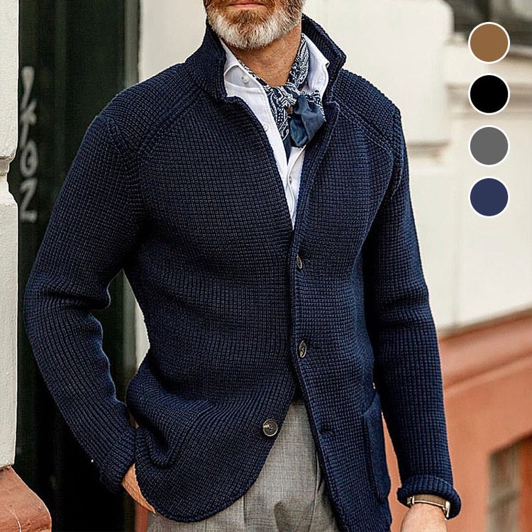 Stand Collar Knitted Coat Long Sleeve  Solid Color Thick Warm Casual Men's Outerwear