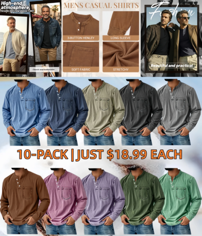 Men's Retro Stand Collar Pocket Casual Distressed Long Sleeve Henley Shirt