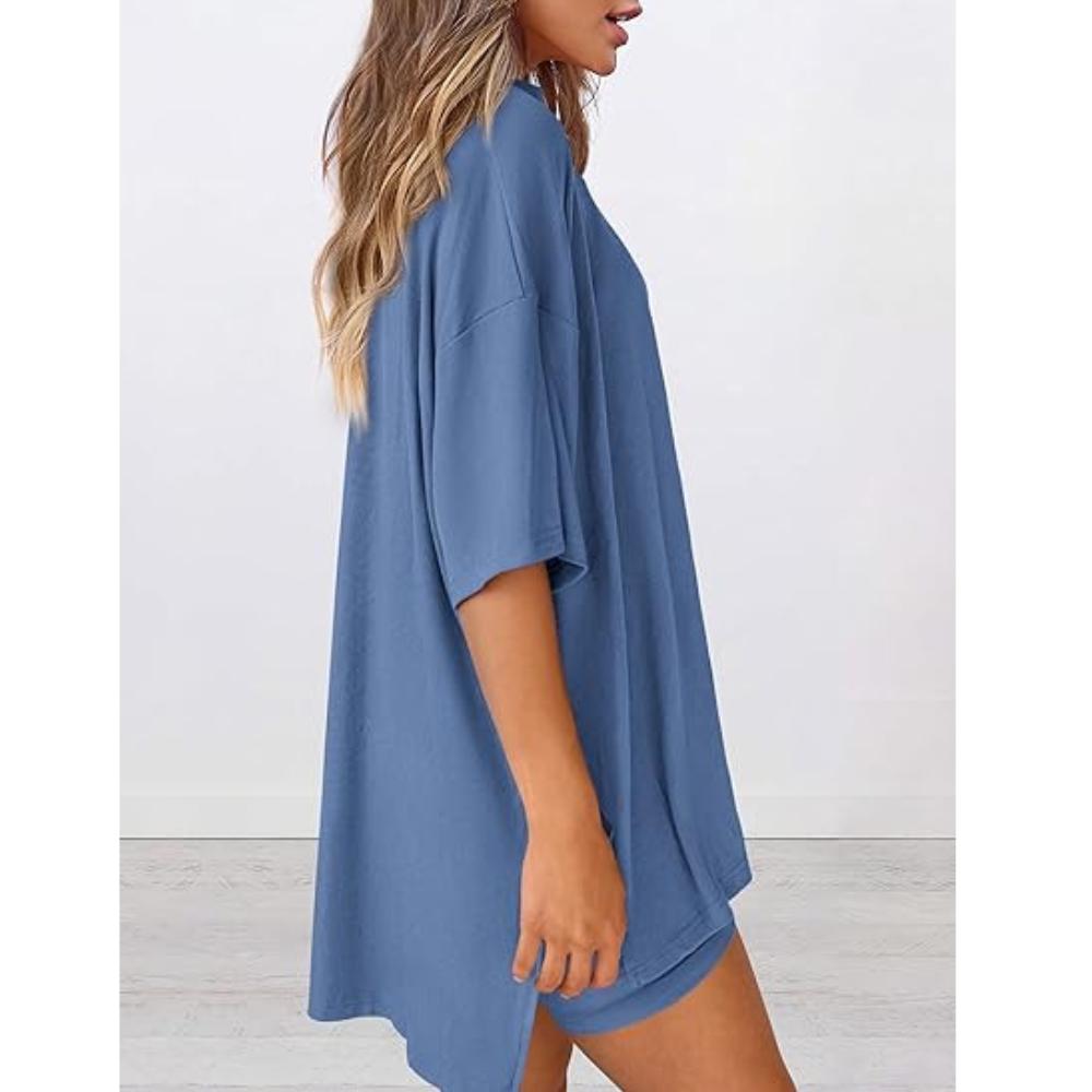 PRETTYGARDEN Women 2 Piece Lounge Set Summer Casual Oversized Shirts Biker Shorts Matching Airport Travel Outfit Clothes