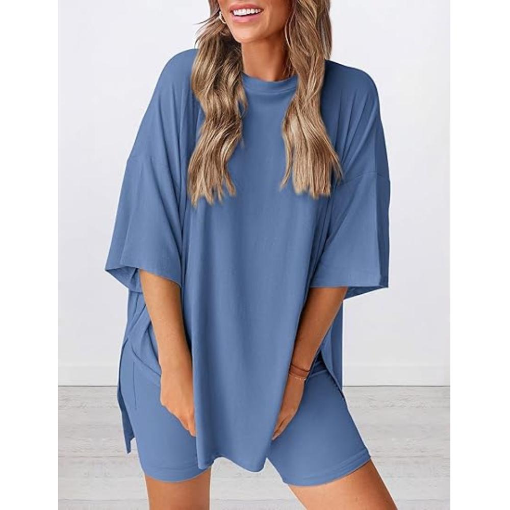 PRETTYGARDEN Women 2 Piece Lounge Set Summer Casual Oversized Shirts Biker Shorts Matching Airport Travel Outfit Clothes