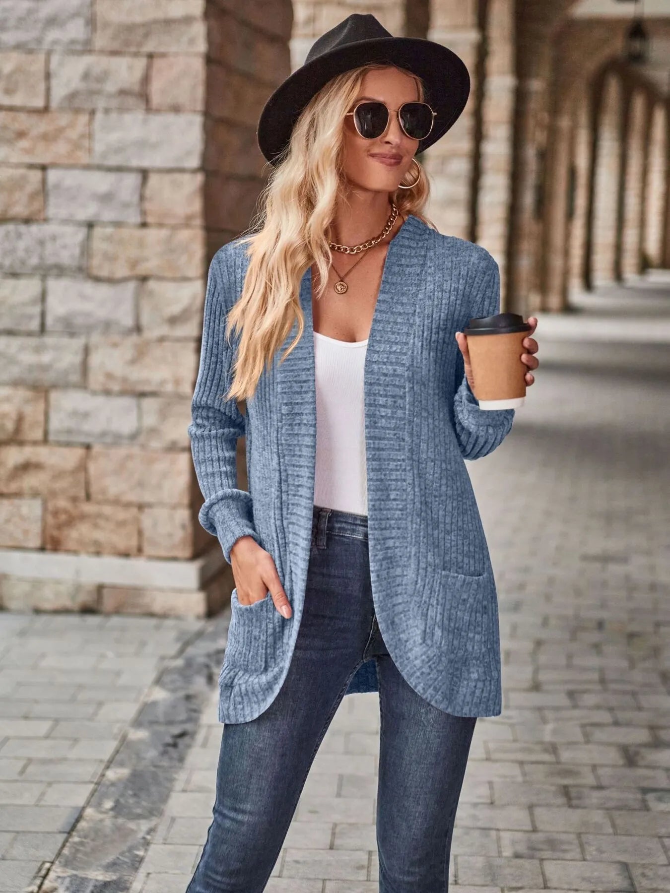 CLEARANCE🔥Ribbed Open Front Long Cardigan with Pockets