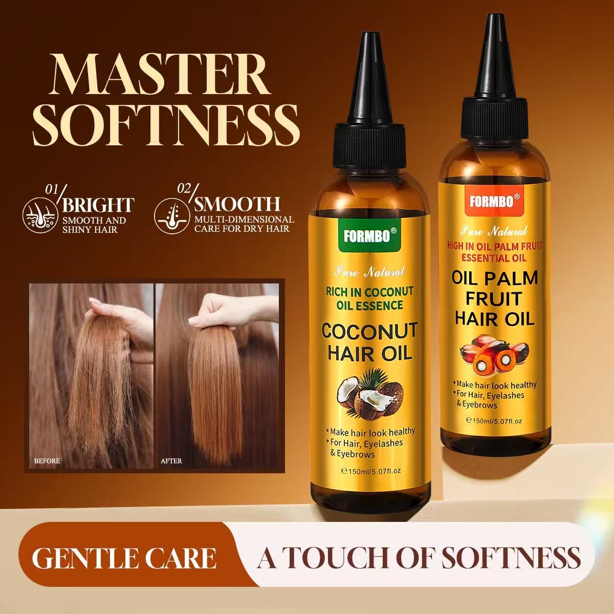 Natural Coconut & Palm Fruit Hair Oil Set 150ml, Repair Dry Damaged Hair, Anti-Frizz Shine Hair Serum