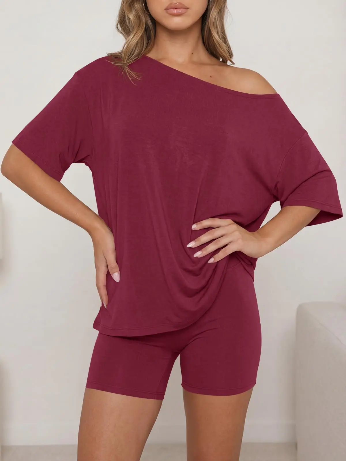 Women's Casual Two Piece Lounge Set Off Shoulder Top & Shorts