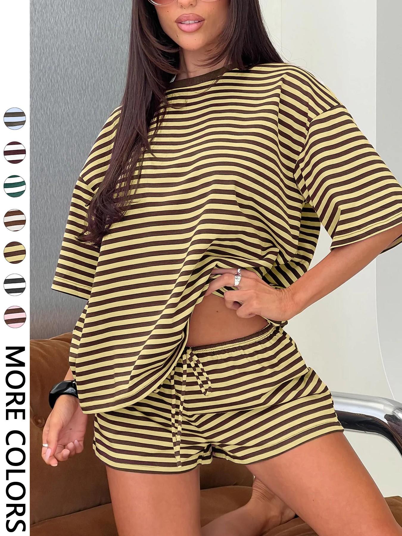 2 Spring Summer Stripe Print 2 Piece Outfit Women Clothes | Oversized T-Shirt + Drawstring Shorts | Soft Casual Lounge Set | Y2K Clean Girl Style for Daily Home Vacation Wear 2 Spring Summer Stripe Print 2 Piece Outfit Women Clothes | Oversized T-Shirt + Drawstring Shorts | Soft Casual Lounge Set | Y2K Clean Girl Style for Daily Home Vacation Wear
