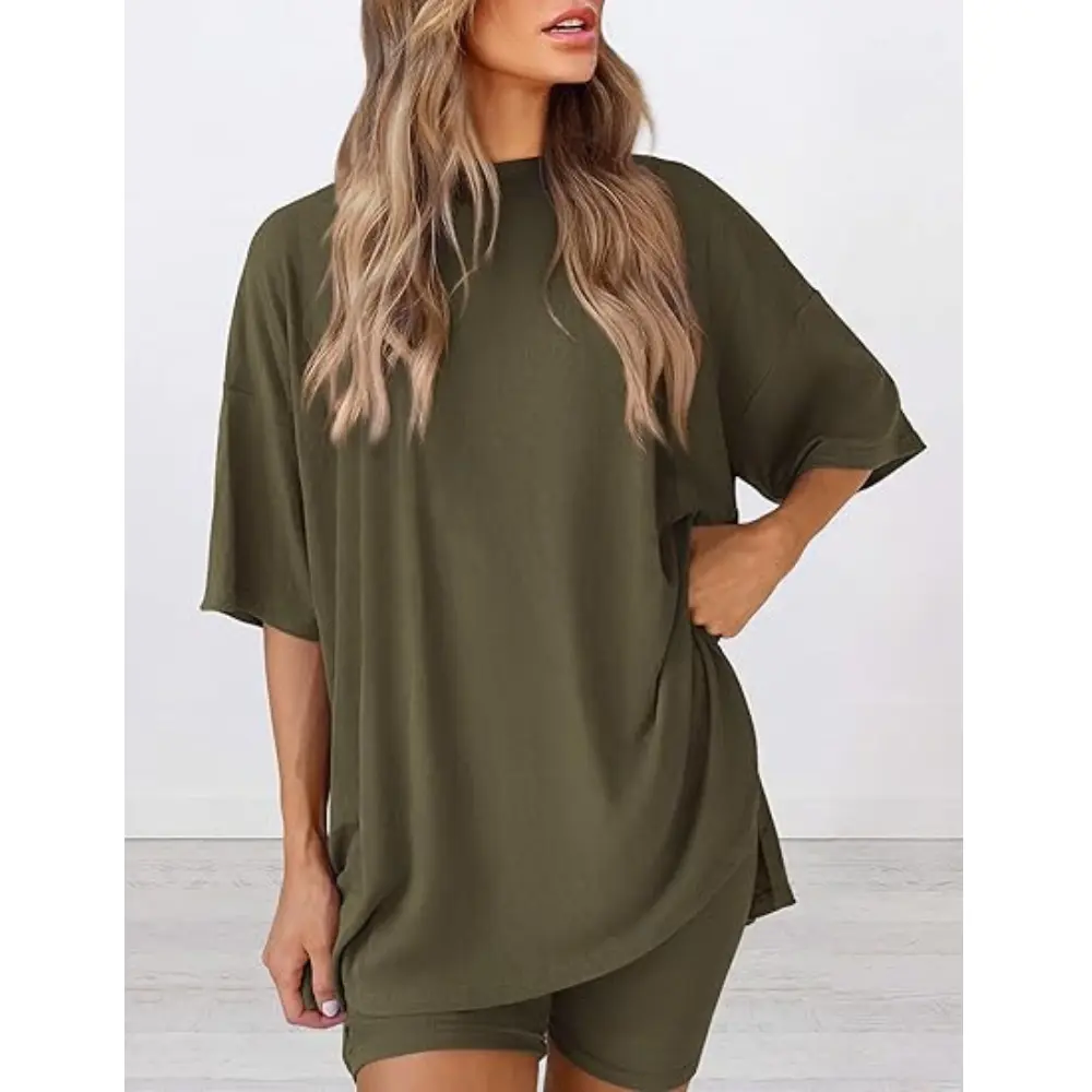 PRETTYGARDEN Women 2 Piece Lounge Set Summer Casual Oversized Shirts Biker Shorts Matching Airport Travel Outfit Clothes
