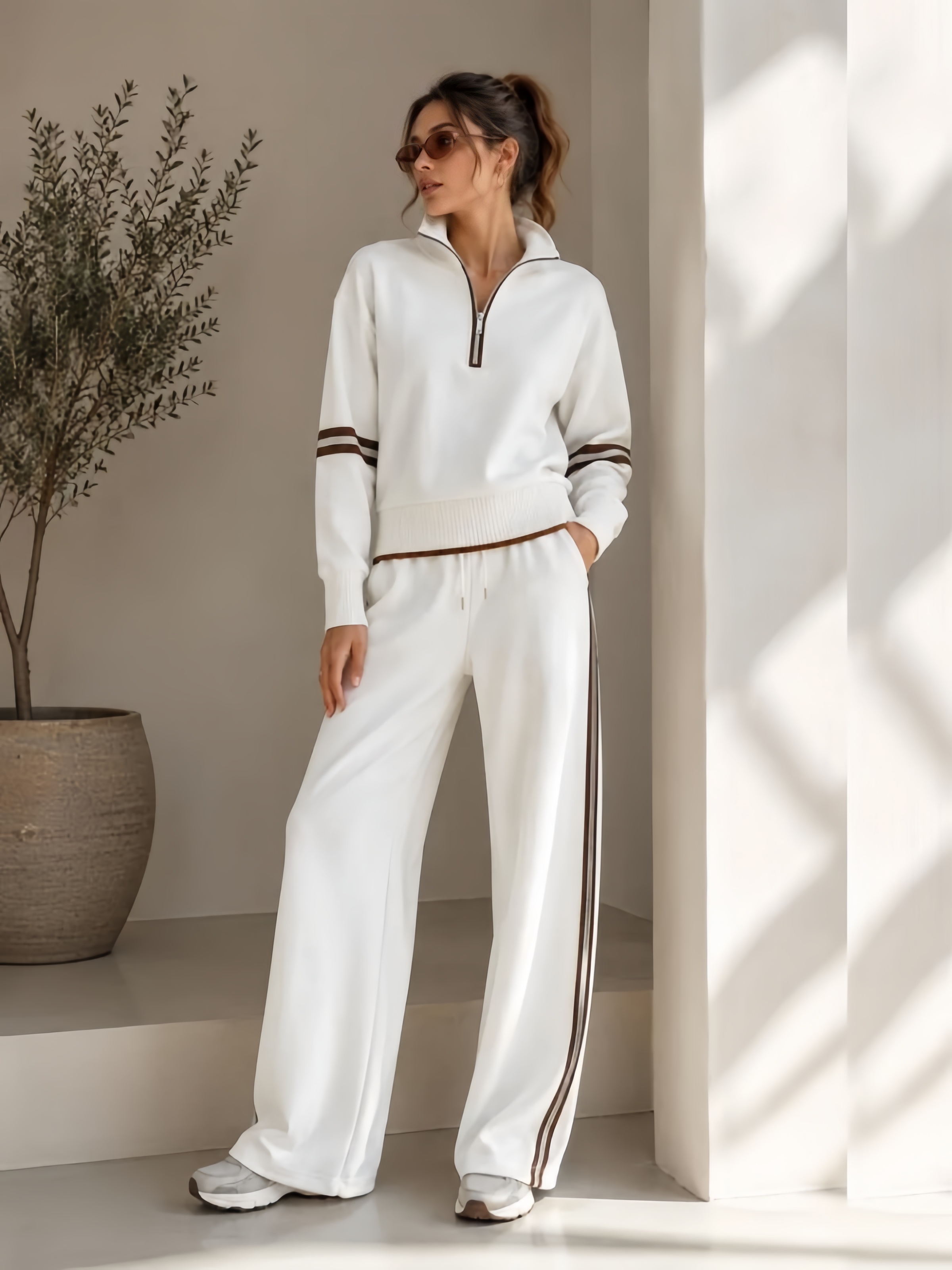 Women's Half Zip Lounge Set – Relaxed Two-Piece Wide Leg Tracksuit
