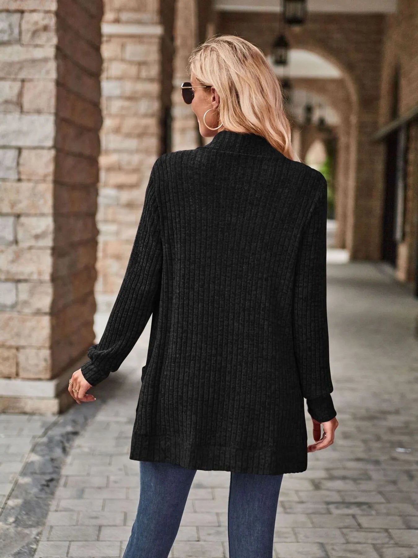 CLEARANCE🔥Ribbed Open Front Long Cardigan with Pockets