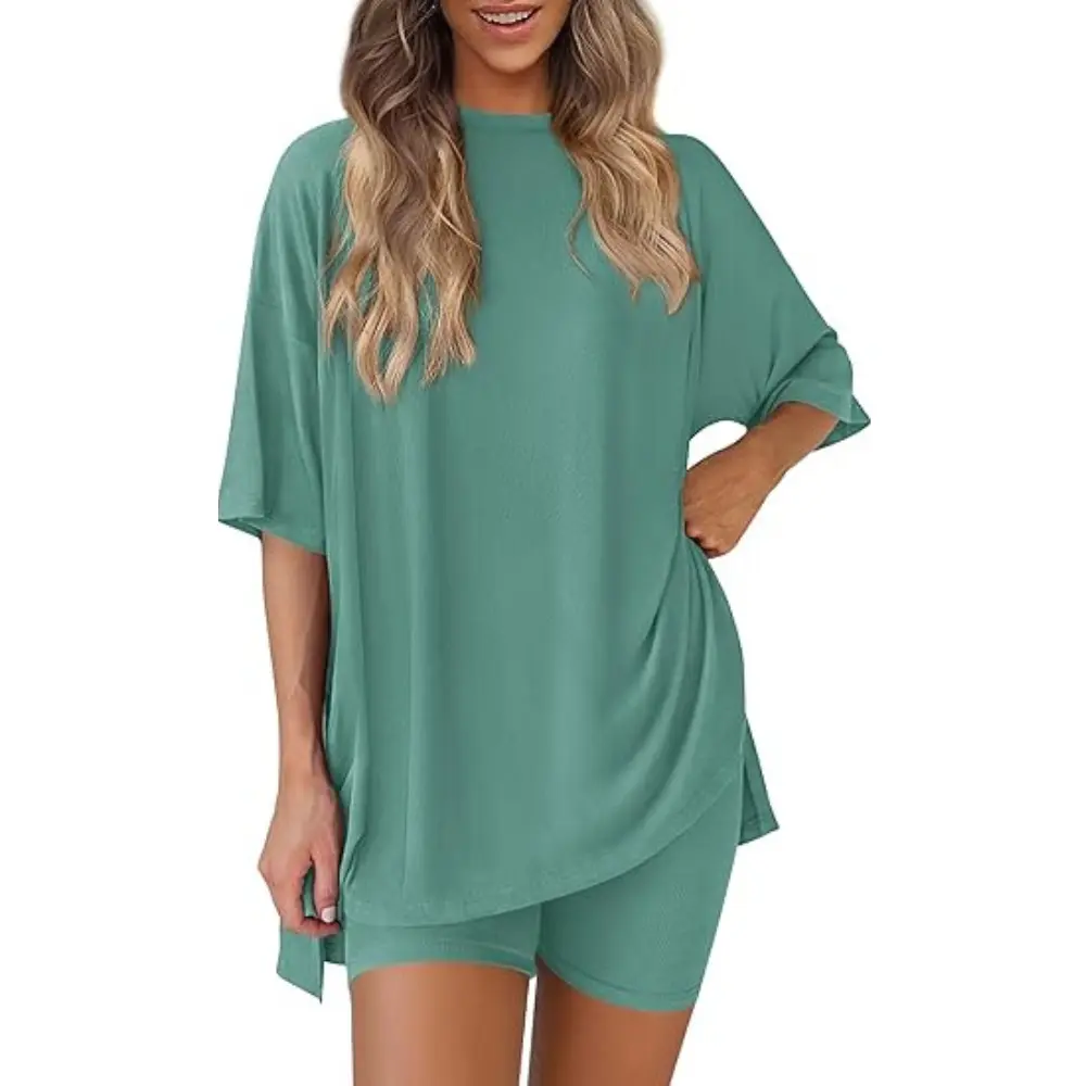 PRETTYGARDEN Women 2 Piece Lounge Set Summer Casual Oversized Shirts Biker Shorts Matching Airport Travel Outfit Clothes