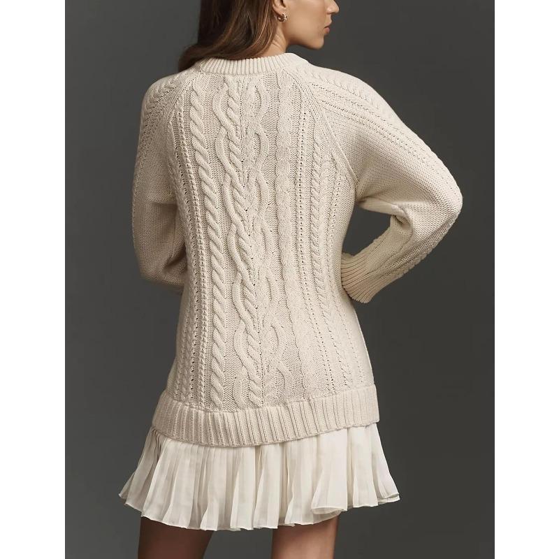 Women Cable Knit Sweater Dress Crewneck Long Sleeve Pleated Mini Dress Twofer Style Patchwork Dress