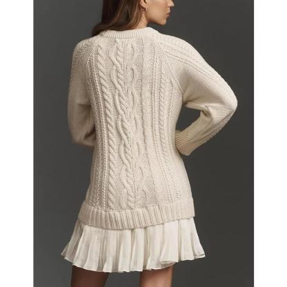 Women Cable Knit Sweater Dress Crewneck Long Sleeve Pleated Mini Dress Twofer Style Patchwork Dress