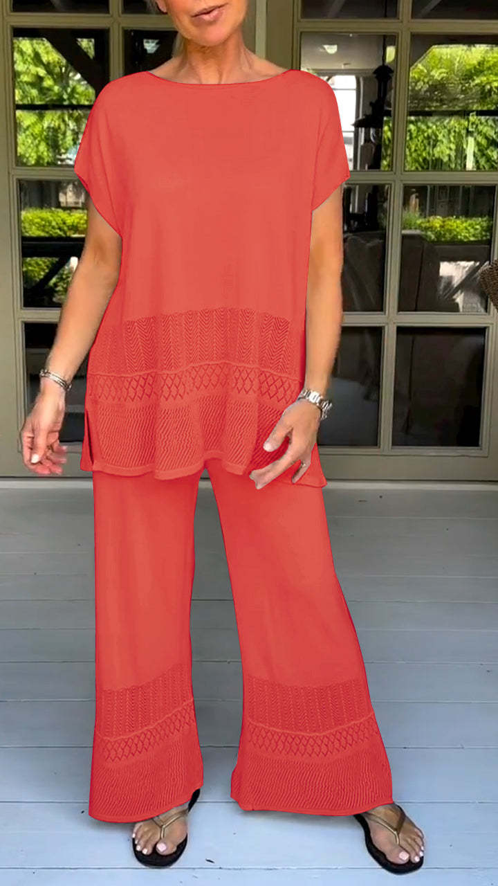 Women's round neck short sleeve hollow design two-piece suit