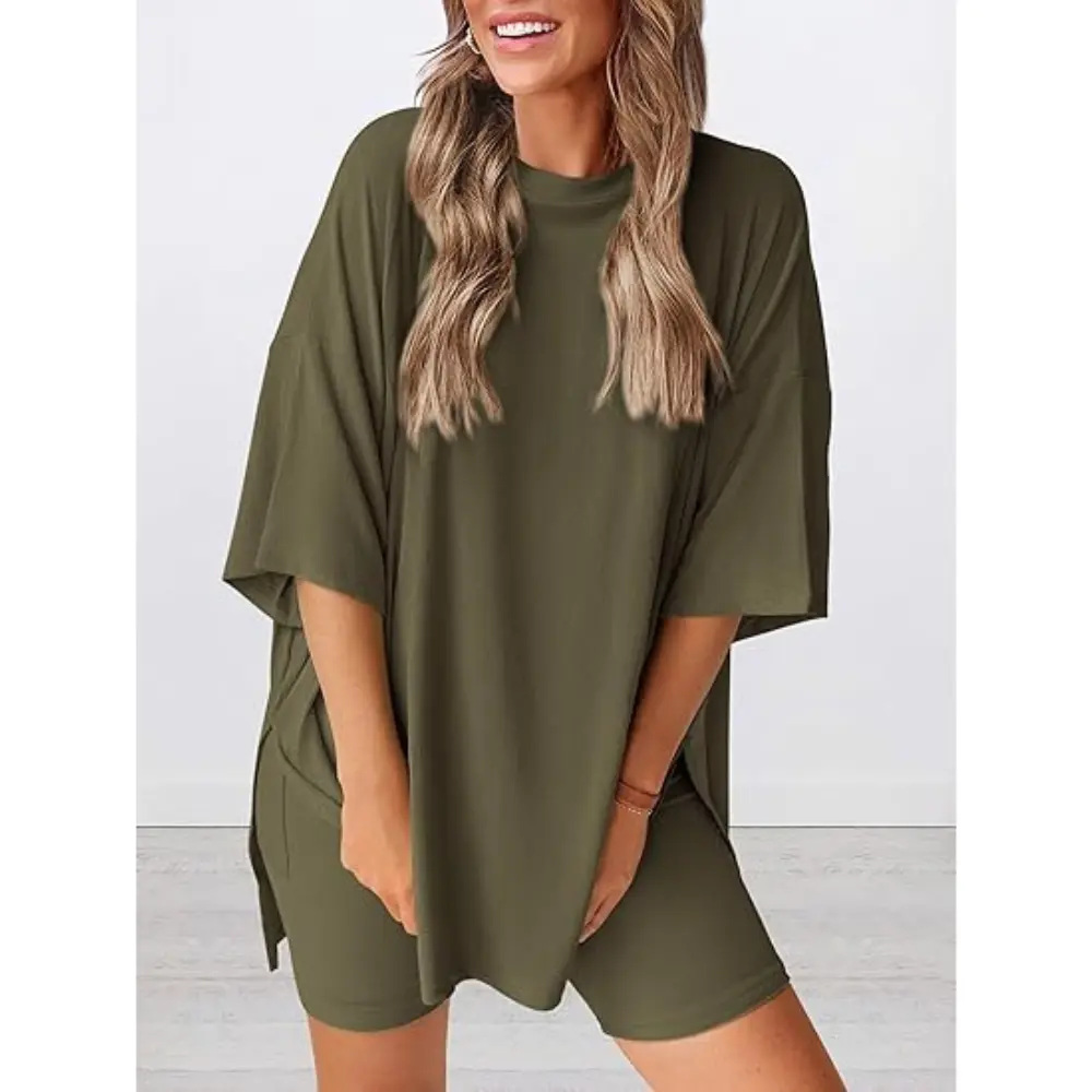 PRETTYGARDEN Women 2 Piece Lounge Set Summer Casual Oversized Shirts Biker Shorts Matching Airport Travel Outfit Clothes