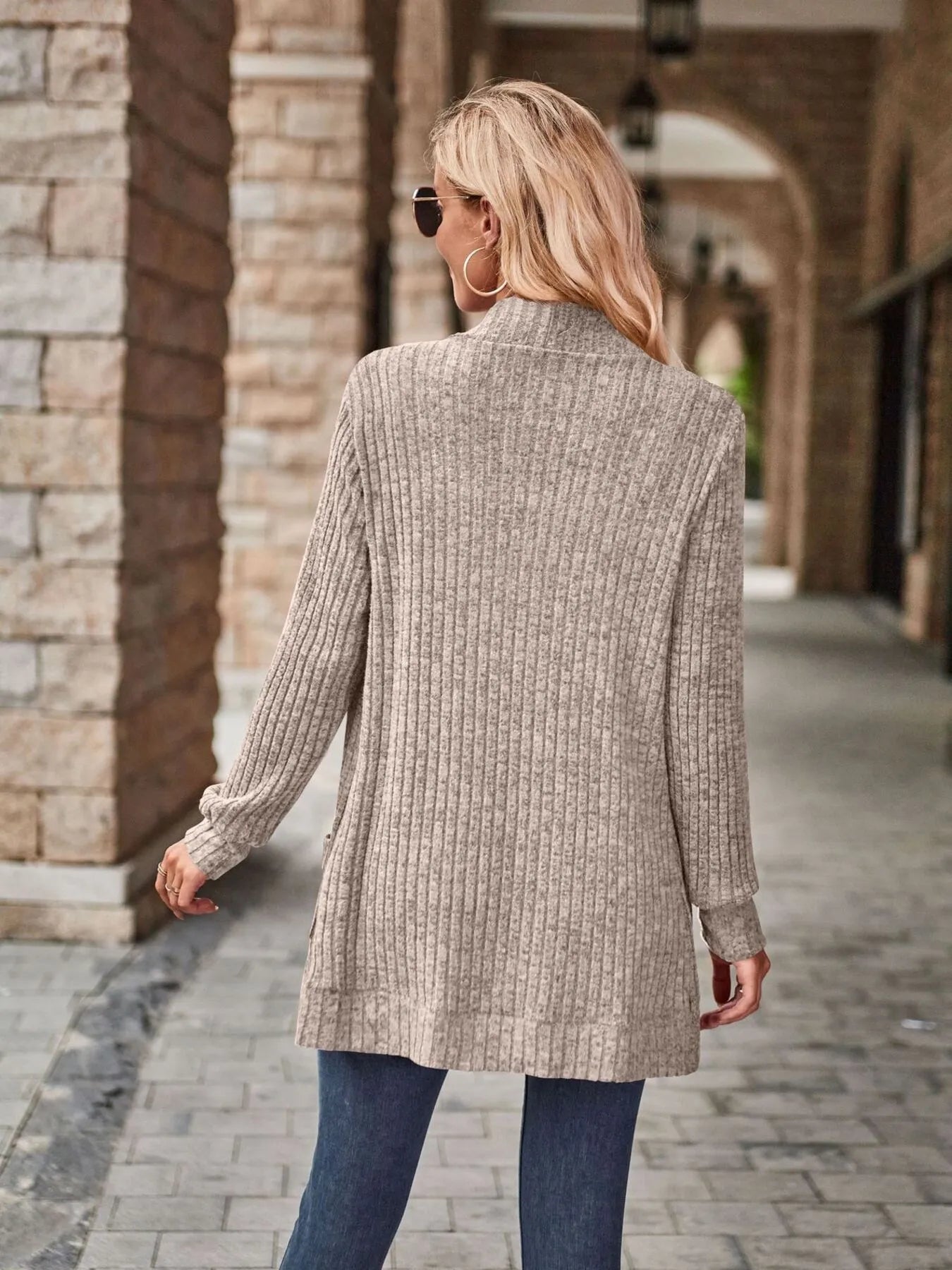 CLEARANCE🔥Ribbed Open Front Long Cardigan with Pockets