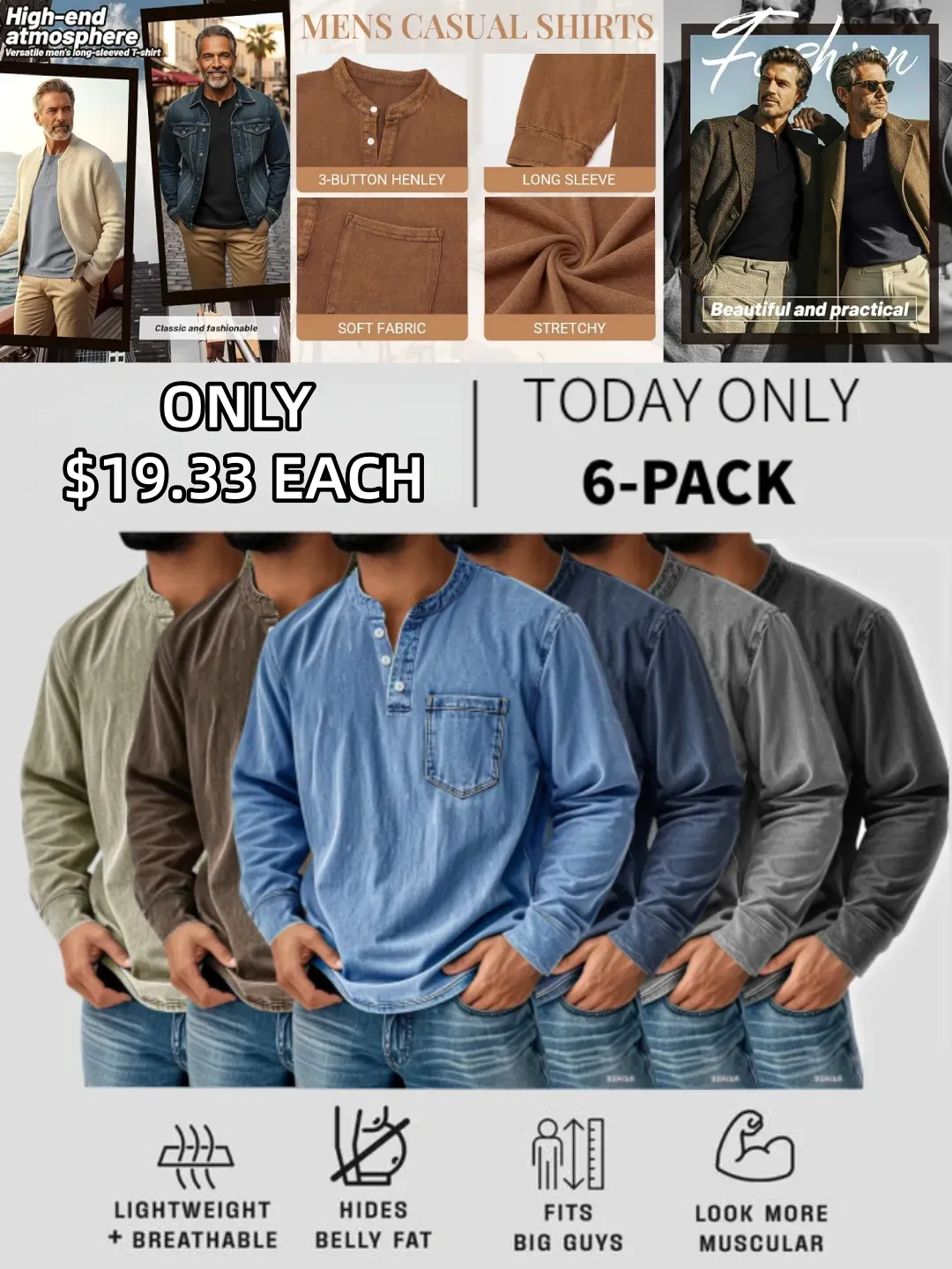 Men's Retro Stand Collar Pocket Casual Distressed Long Sleeve Henley Shirt