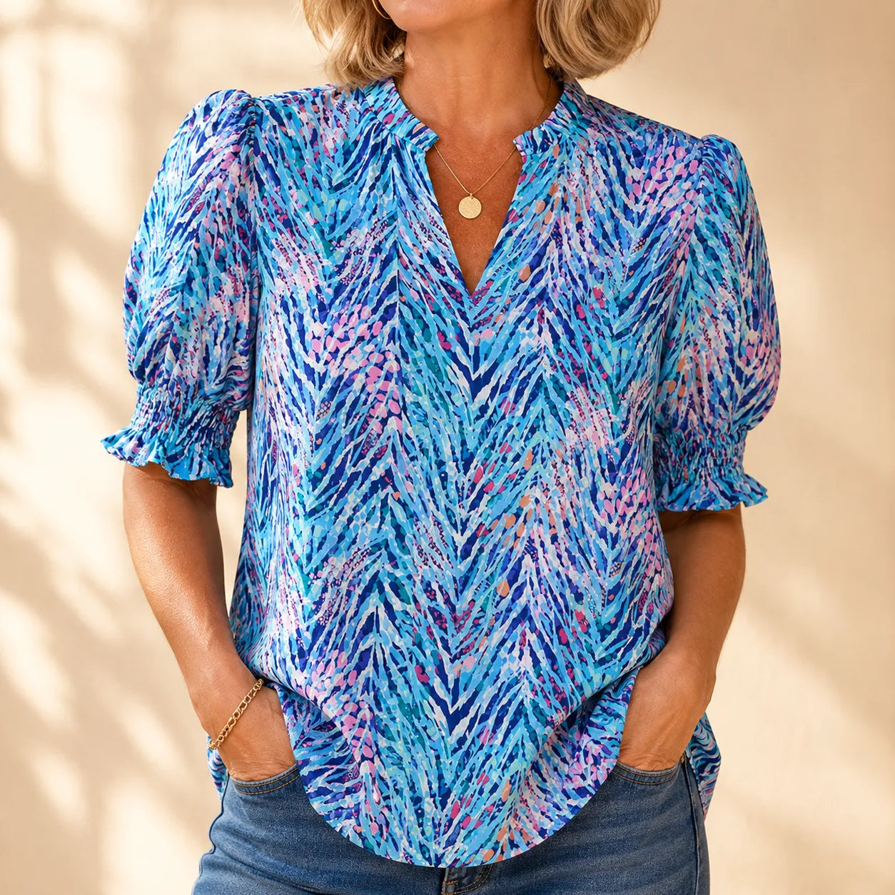 Women's V-Neck Puff Sleeve Blouse with Smocked Cuffs, Flowy Floral Top