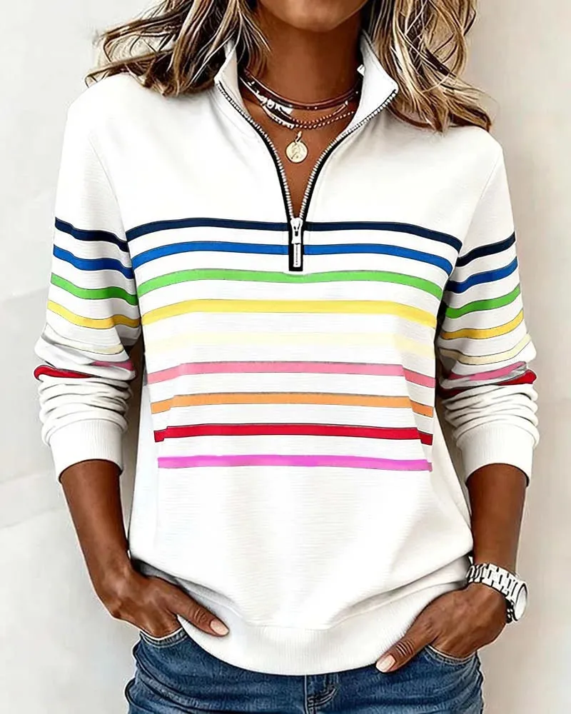 🔥Last Day 50% OFF🔥Half-Zip Rainbow Striped Sweatshirt, Cozy & Bright