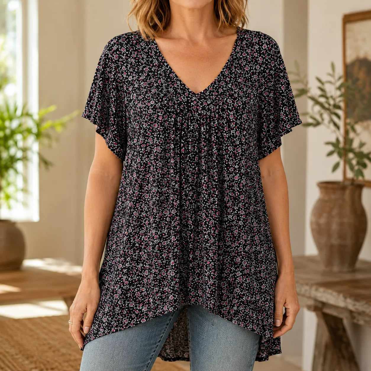 Floral V-neck Short Sleeve Tunic Top for Women