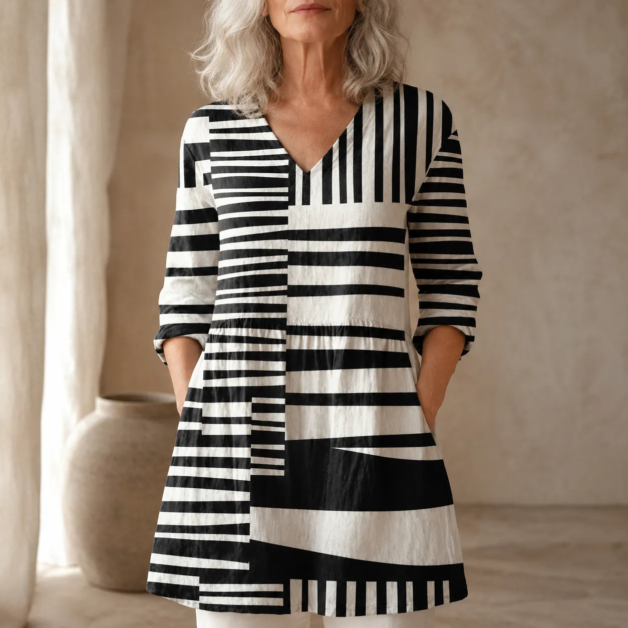Long V-Neck Tunic Blouse with Pockets, Bold Print, 3/4 Sleeve