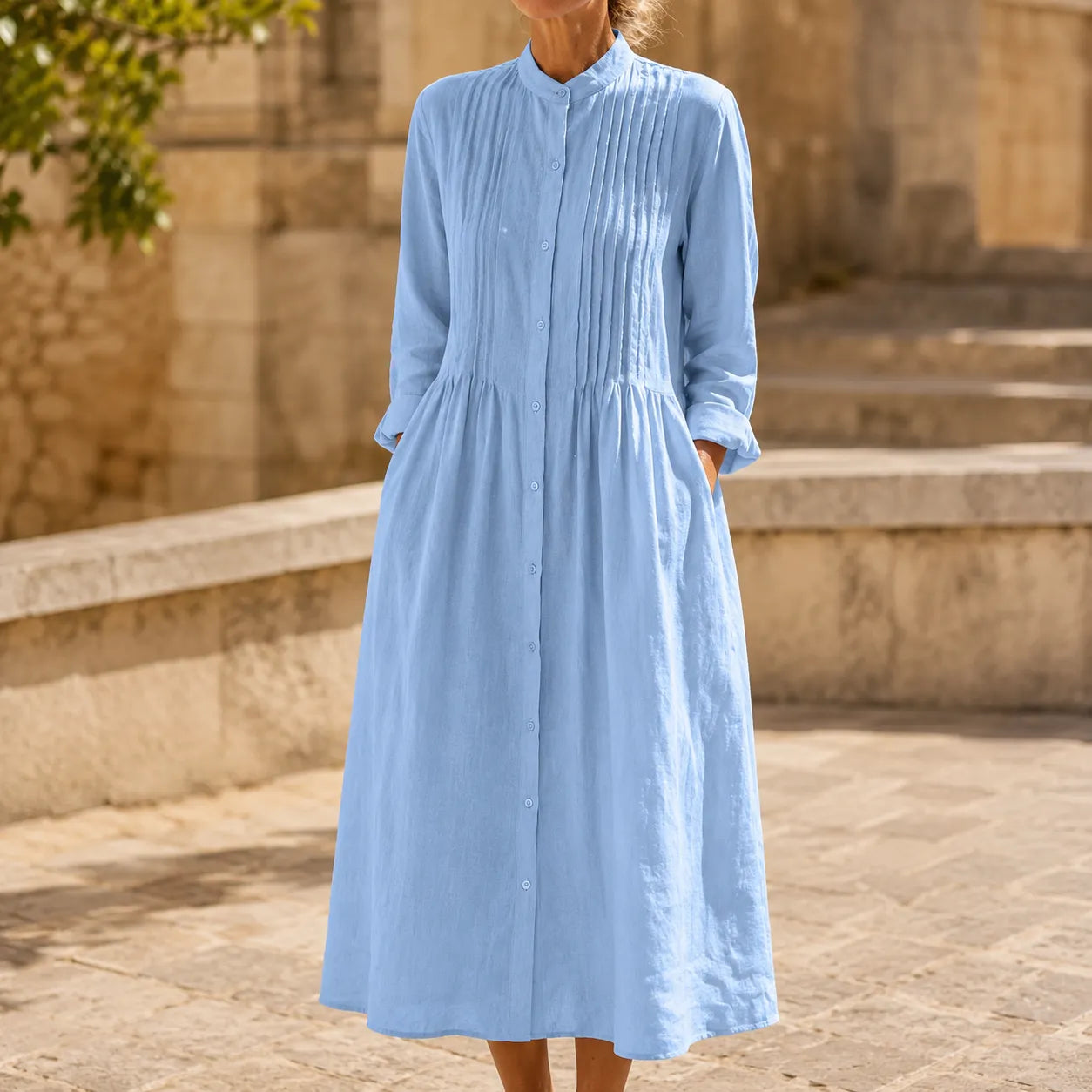 Flowy Pintuck Shirt Dress, Linen-look, Midi Length
