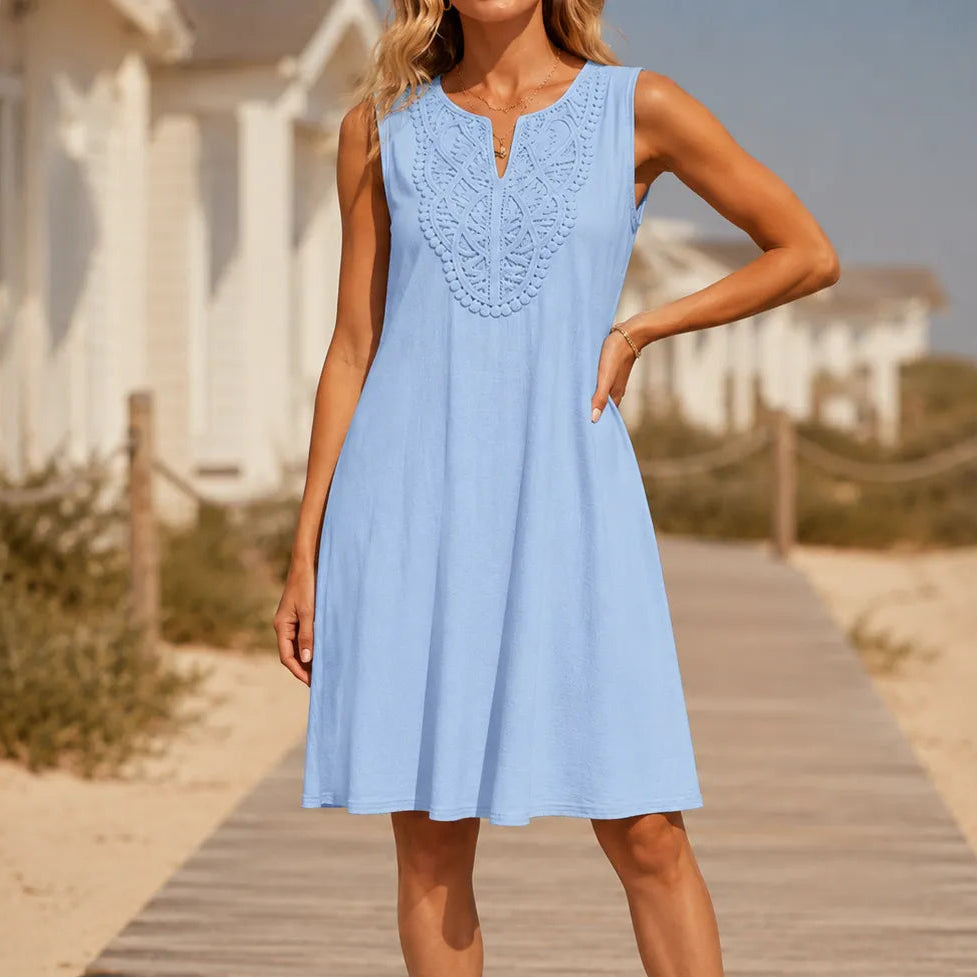 Lace Trim V-Neck Linen-Look Summer Shift Dress