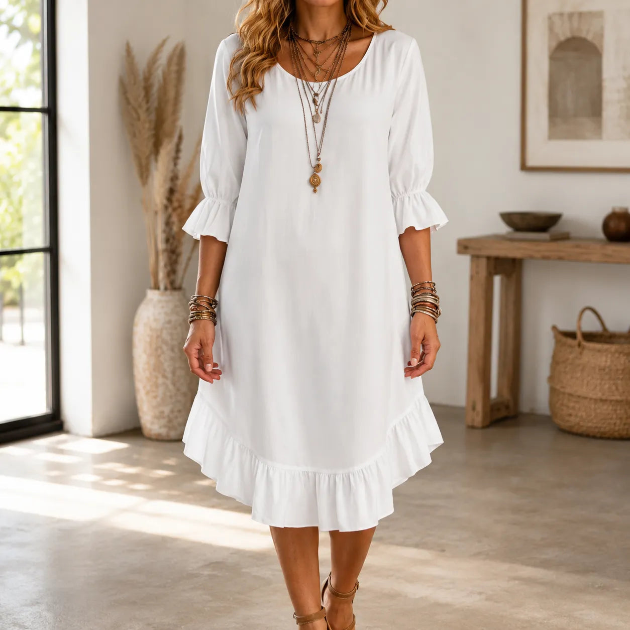 Ruffle Hem Midi Dress with Bell Sleeves