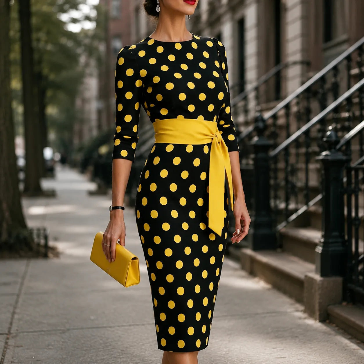 Retro Polka Dot Midi Dress with Belted Waist