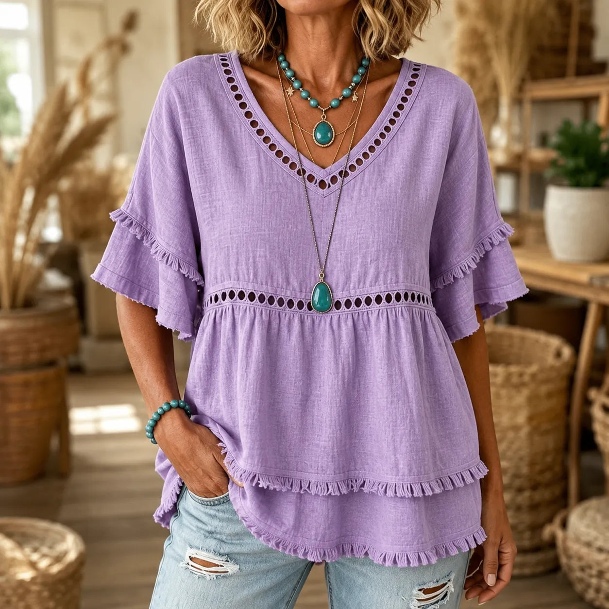 Boho V-Neck Fringe Trim Tunic Top for Women
