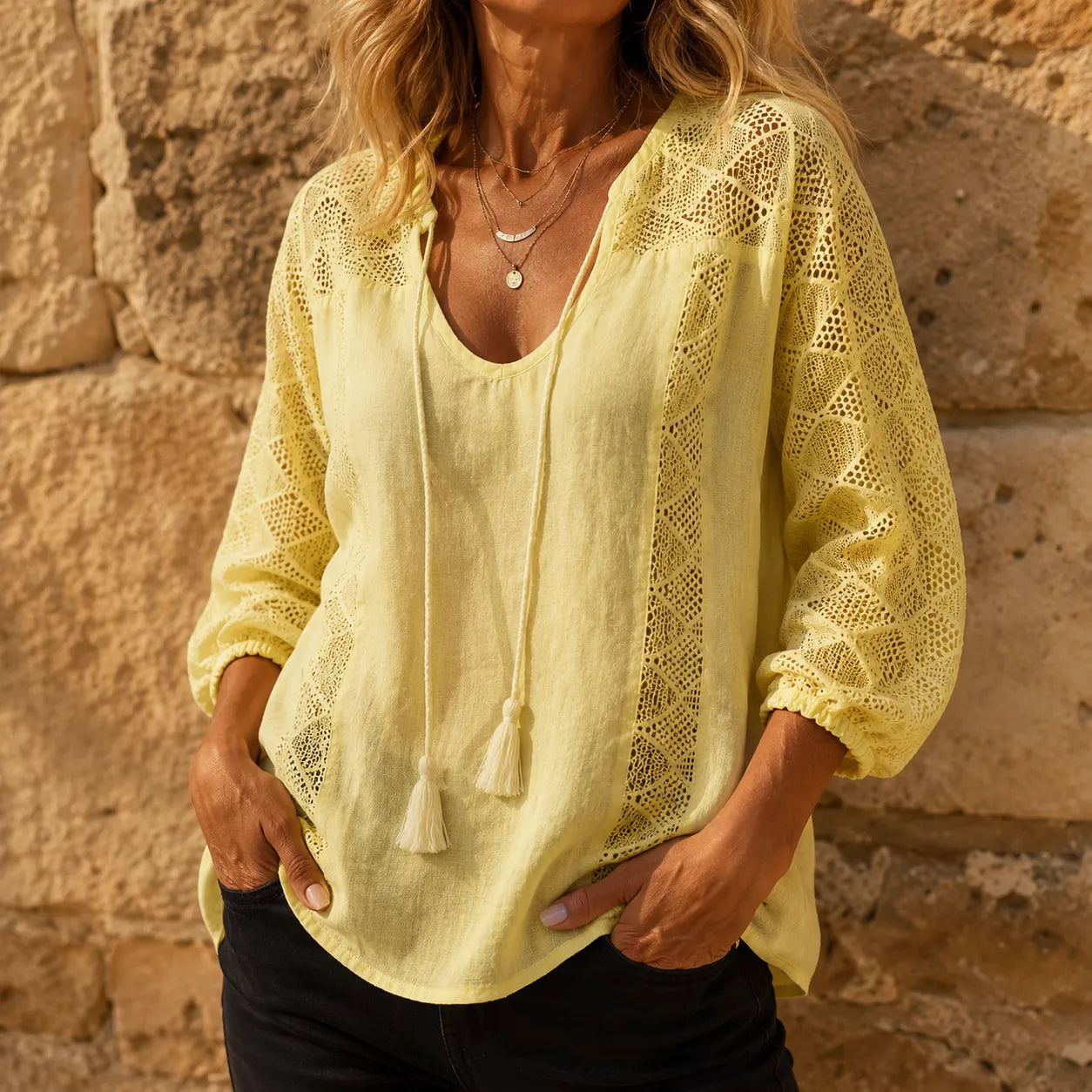 Boho Lace Look Blouse with Tassel Tie U-Neck