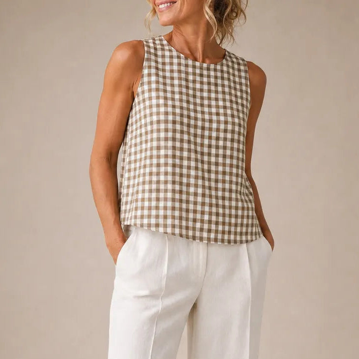 Sleeveless Gingham Shell Top for Women, Boxy A-Line Summer Blouse