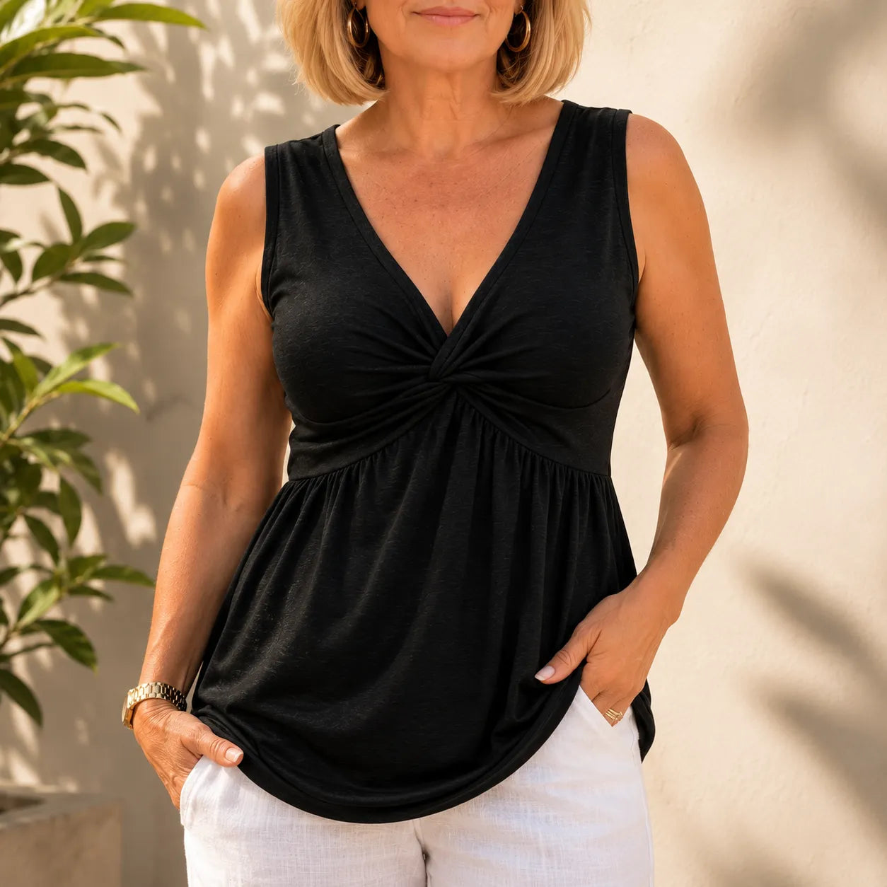 Twist-Front V-Neck Tank Top for Women, Soft Flowy Empire-Waist Sleeveless Top